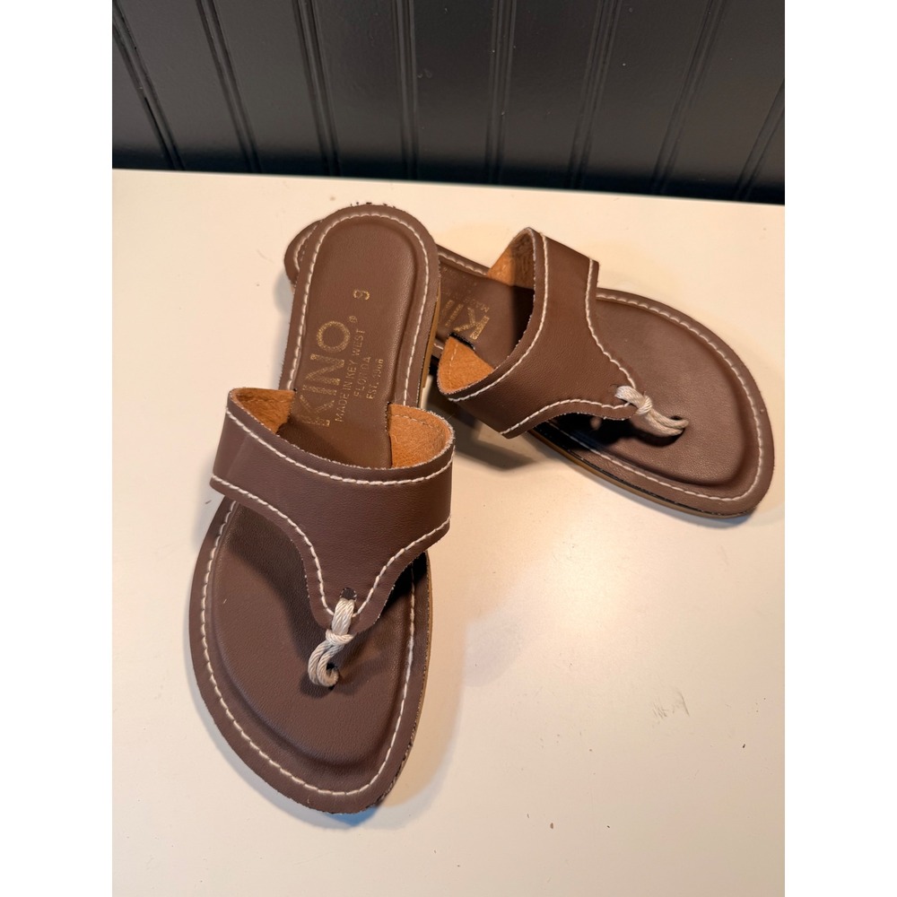 Kino Key West Leather Sandals Brown White Stitch Thong Slides Mens 9 Florida